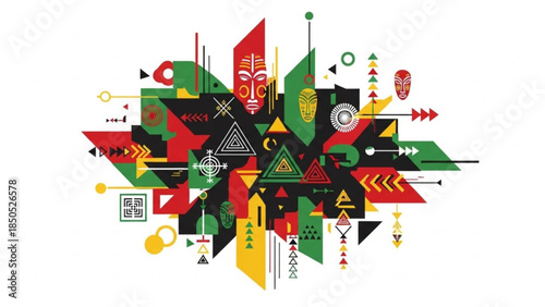 Vibrant multicultural graphic design with african inspired tribal patterns and shapes in red