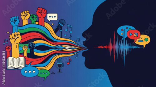 Vibrant illustration of a human head with a colorful speech bubble emerging, symbolizing