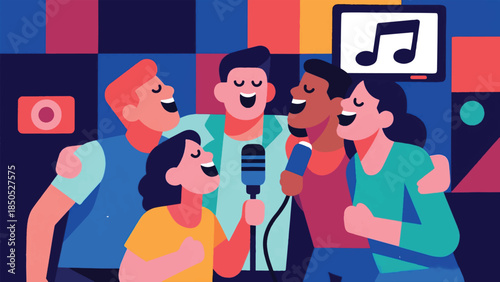 Illustration Of Group Of Friends Or Family Huddled Around A Microphone, Passionately Singing A Song, Eyes Closed Vector Design Template