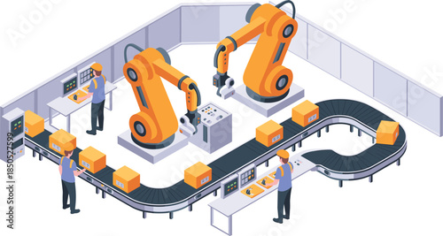 Isometric automated factory production line with robotic arms conveyor belt workers smart manufacturing industrial technology illustration isolated