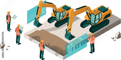Isometric construction site illustration with excavators workers digital planning construction technology heavy machinery industrial engineering concept isolated