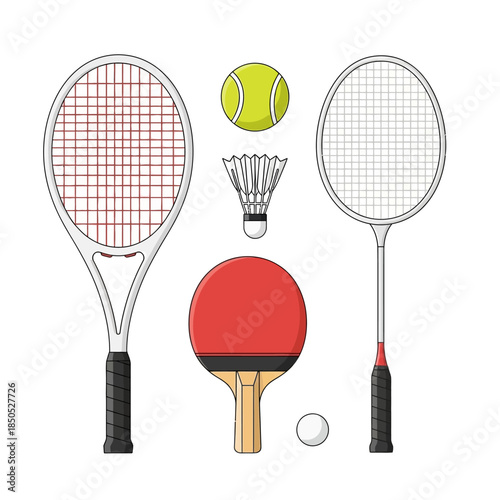 Assortment of Sports Equipment for Tennis Badminton and Table Tennis.