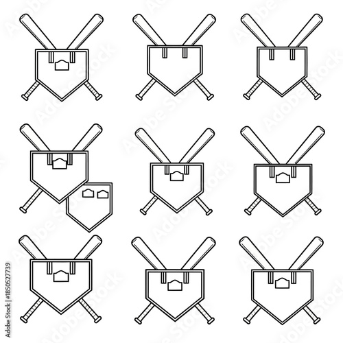 Baseball Home Plate and Bats Icon Set for Sports Design.
