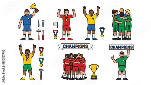 Celebrating Teamwork and Victory in Sports with Happy Athletes and Championship Trophies