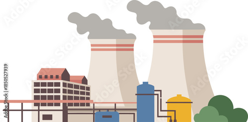Minimalist industrial factory illustration with power plant cooling towers smoke pipelines energy production manufacturing facility isolated background