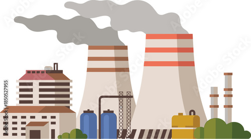 Minimalist industrial factory illustration with power plant cooling towers smoke pipelines energy production manufacturing facility isolated background