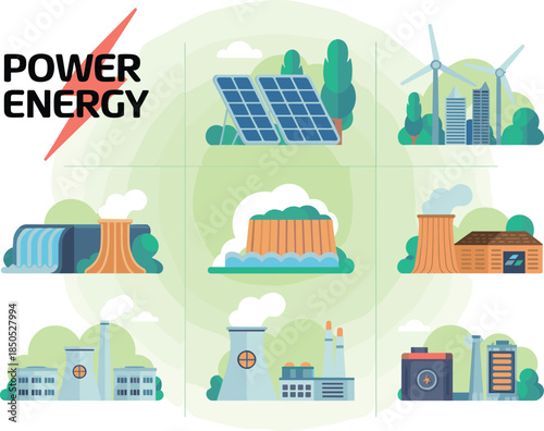 Power energy infographic illustration showing renewable and nonrenewable sources solar wind hydro geothermal biomass nuclear coal battery storage