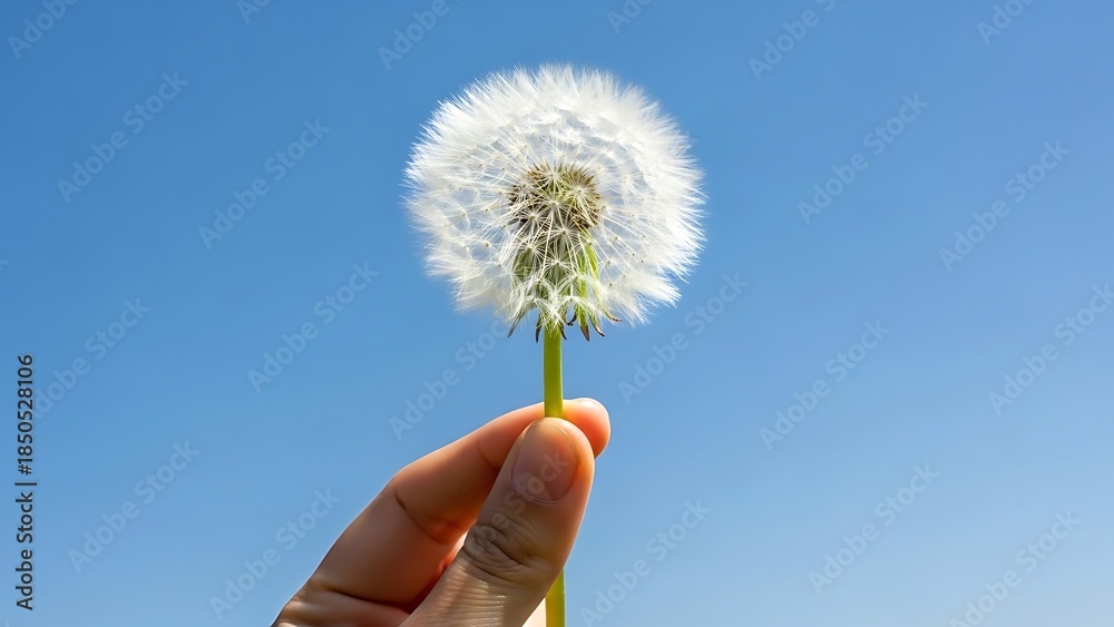 Fototapeta premium Dandelion Seed Head Blue Sky Fluffy Ball Wishes Hope Dream Concept