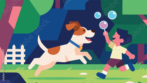 Illustration Of Dog Excitedly Chasing Bubbles Blown By A Child In An Outdoor Setting Vector Design Template