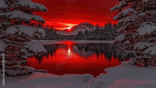 Snowy pines frame sunset over lake. Red-tinged, mountain backdrop