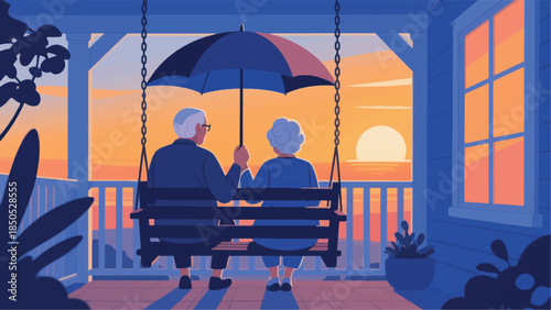 Illustration Of Elderly Couple Sitting On A Porch Swing With Umbrella, Watching The Sunset Vector Design Template