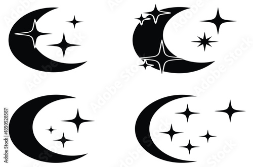 Crescent moon and star silhouette set