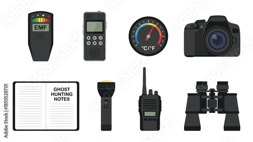 Ghost Hunting Equipment Kit EMF Meter Camera Thermometer Notebook Flashlight Walkie Talkie Binoculars Paranormal Investigation Tools Collection Vector Illustration