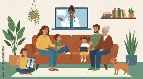 Family having a video consultation with a doctor in their living room