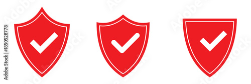 Shield check mark icon with thin line and flat web symbol on white background