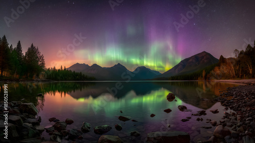 Northern lights mirrored in serene lake, ethereal glow, ultra HD nature landscape background
