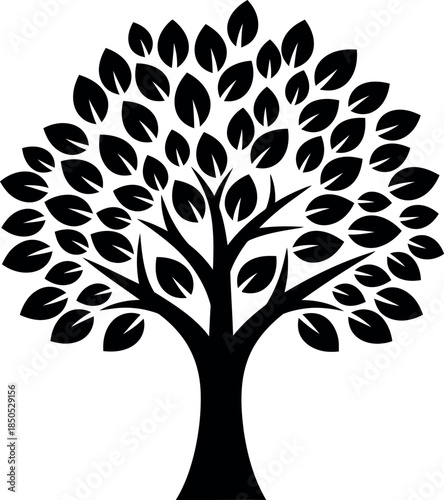 A minimalist black silhouette of a tree with a thick trunk and numerous leaves on a white background