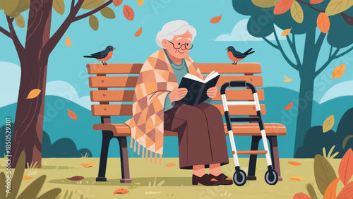 Illustration Of Elderly Woman With A Walker Sits Peacefully On A Park Bench, Reading A Book Vector Design Template