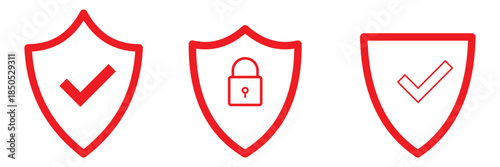 Set of security shield icons, security shields logotypes with check mark and padlock. Security shield symbols. Vector illustration.