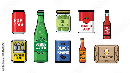 Flat Design Icons of Canned Goods Drinks and Food Products on White Background