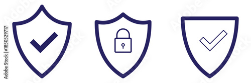 Set of security shield icons, security shields logotypes with check mark and padlock. Security shield symbols. Vector illustration.