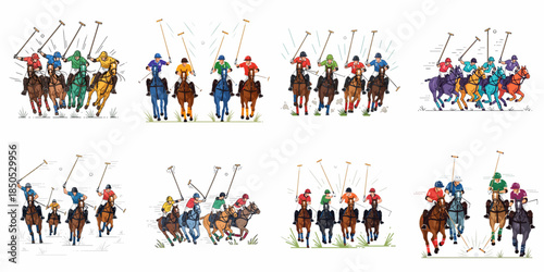 Set of colorful vector illustrations showing multiple competitive polo matches with players on galloping horses striking the ball, isolated on white background.
