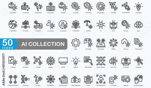 AI Collection Outline Icon Set Collection. Consist of AI Business, AI Learning, AI Marketing, and more. Simple vector illustration.