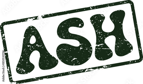 Distressed green rubber stamp style typography displaying the word ASH on a clean surface