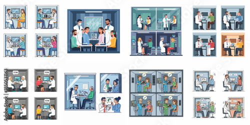 Audiology and Speech Therapy Illustrations: Doctors performing hearing tests, diagnosing loss, and conducting auditory examinations in clinical settings.