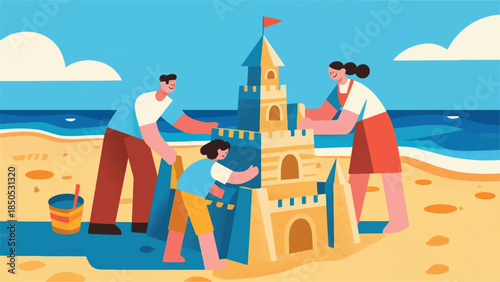 Illustration Of Family Working Intently On A Ridiculously Tall And Elaborate Sandcastle On The Beach Vector Design Template