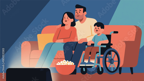 Illustration Of Family, Including A Child Using A Wheelchair, Is Cozily Gathered On A Couch Watching A Movie Vector Design Template
