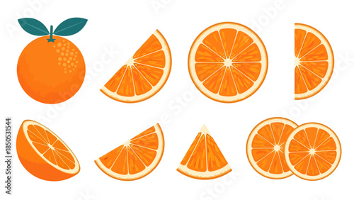 A vibrant set of vector orange illustrations featuring a whole texture-rich fruit with leaves alongside various juicy slices, wedges, and cross-sections arranged on a clean white background
