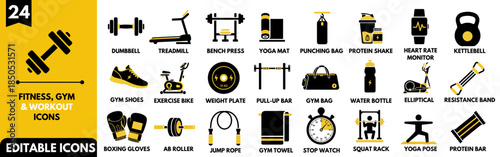 Set of 24 Fitness and Gym Workout Icons. Vector Illustrations for Bodybuilding, Sports Equipment, Personal Training, and Healthy Lifestyle.