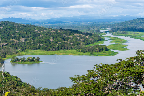 Wide view of the Chagres River winding through tropical rainforest in Panama.