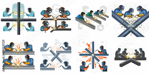 Collection of illustrations depicting professional welders joining structural metal beams, showcasing industrial fabrication, construction work, and craftsmanship.