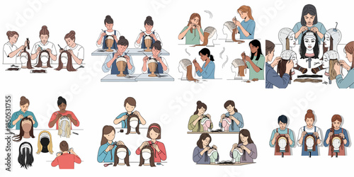 Wig Manufacturing Process Set: Diverse workers knotting and ventilating hair by hand onto mannequin heads, illustrating the steps of professional hairpiece crafting.
