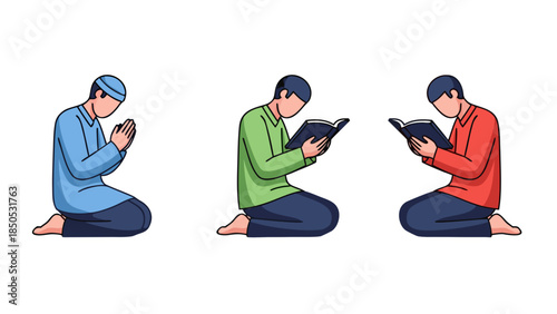 Muslim men engaging in prayer and reading sacred texts, depicting devotion and spiritual study