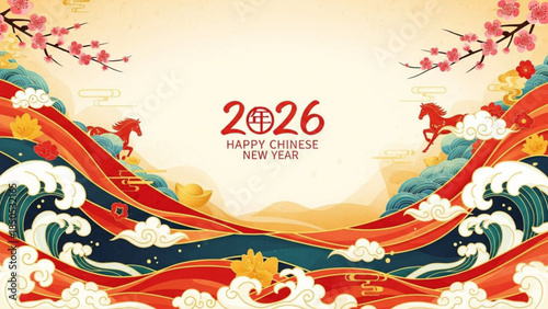 Happy Chinese New Year 2026 Year of the Horse with traditional wave patterns and blooming cherry blossoms a festive greeting for celebrations