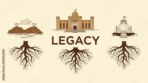 Symbolic illustration of legacy showing historical buildings and roots representing heritage and tradition concept for history and ancestry