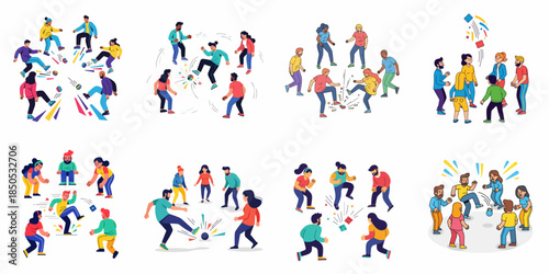 Diverse young people enjoying active, cooperative circle games like hacky sack and outdoor fun, depicted in a colorful vector illustration collection.