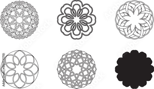 Abstract Mandala and Floral Rosette Geometric Pattern Set for Ornamental Decoration Sacred Art and Middle Eastern Cultural Design Concepts