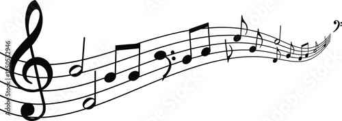 Flowing music staff with notes and treble clef vector illustration isolated on white background for melody and rhythm composition design