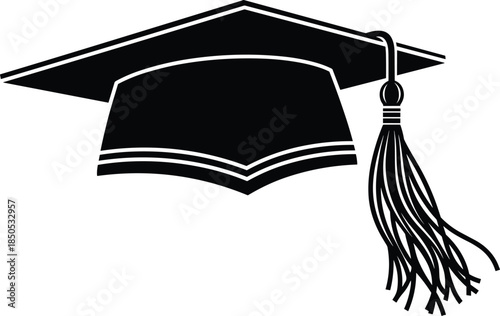 Graduation cap silhouette with long tassel, black and white vector illustration of academic mortarboard, university degree symbol for student education achievement concept, isolated icon