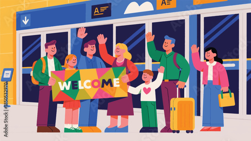 Illustration Of Group Of Family Member Waiting At An Airport Gate, Holding A Brightly Colored Welcome Vector Design Template