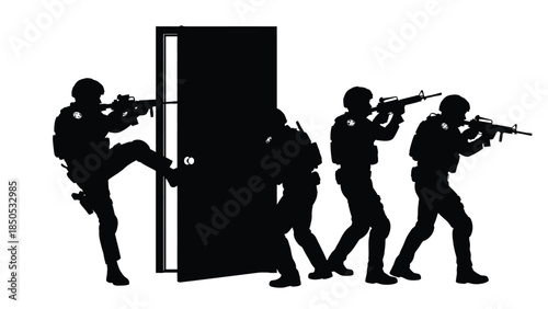 Silhouette of tactical police team executing a dynamic door breach operation with assault rifles ready for action