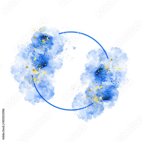 Elegant blue watercolor splatters with shimmering golden stars create a decorative circular frame graphic element for design projects