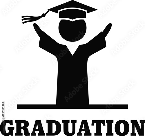 Graduation student icon silhouette with raised arms celebrating success, black vector illustration of happy scholar wearing academic gown and mortarboard cap, isolated symbol