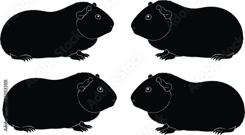 Guinea pig silhouette collection featuring cute pet rodents, side view profile, black and white vector illustration set, domestic animal character design, fluffy cavy mammal icon