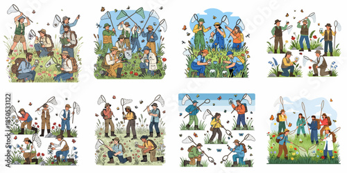 Entomologists and Scientists Studying Insects and Nature in the Field: A Set of Illustrations Showing People Catching Butterflies and Bugs in Meadows.