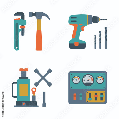 Flat Vector Icon Set of Automotive Workshop Tools Including Hammer, Wrench, Pipe Wrench, Electric Drill, Drill Bits, Hydraulic Jack, Screwdriver, Spanner, Socket, Ratchet, Pliers, Measuring Gauge, Con